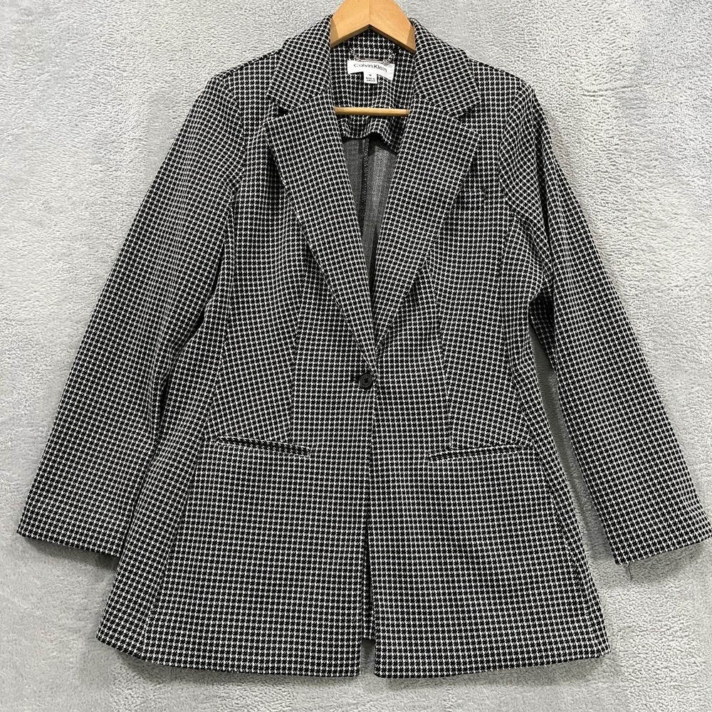 Calvin Klein Houndstooth Print One Button‎ Jacket Blazer Women's Medium Career